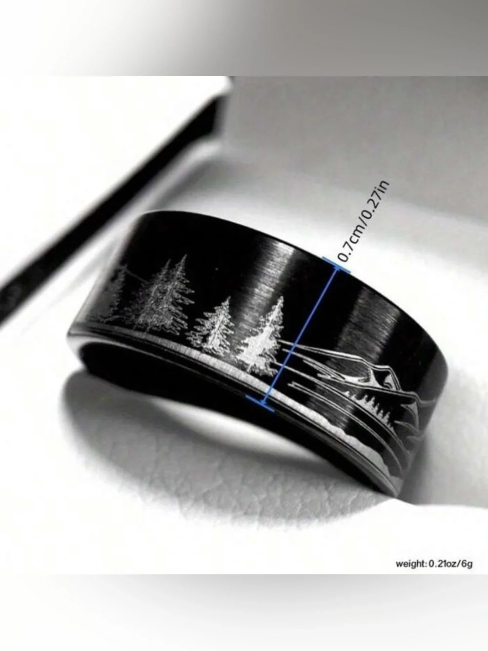 Black Mountain & Wolf Engraved Stainless Steel Ring, Wilderness Ring